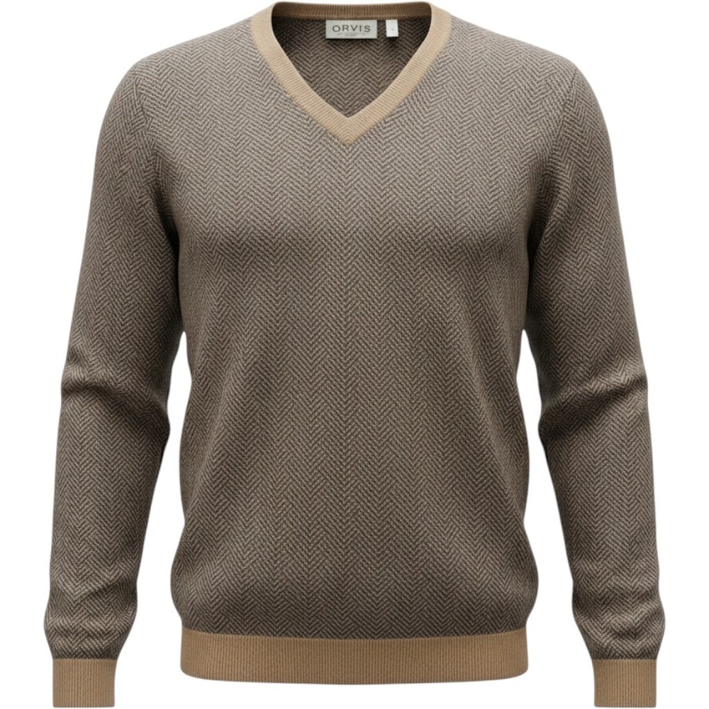 Orvis Mens 100% Cashmere V-Neck Sweater Brown Herringbone Chevron Large Preppy